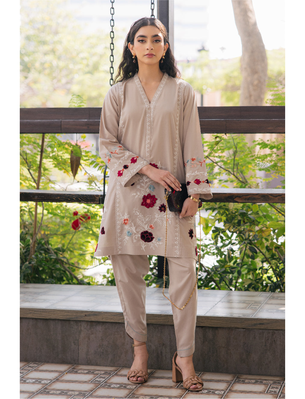 Beige Floral Cord Set